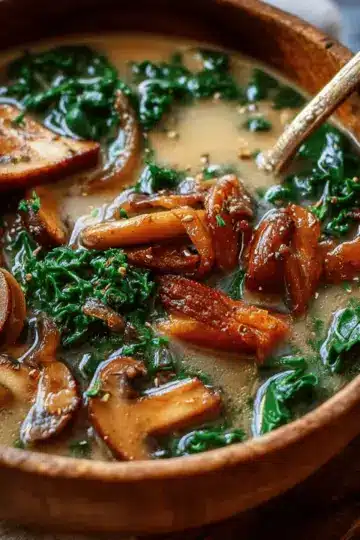 Wild Mushroom, Caramelized Onion and Kale Soup