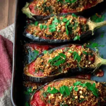Stuffed Eggplant Recipe with Spiced Ground Beef, Bulgur and Pine Nuts