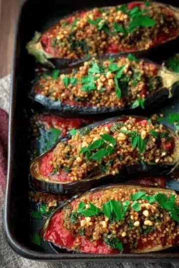 Stuffed Eggplant Recipe with Spiced Ground Beef, Bulgur and Pine Nuts