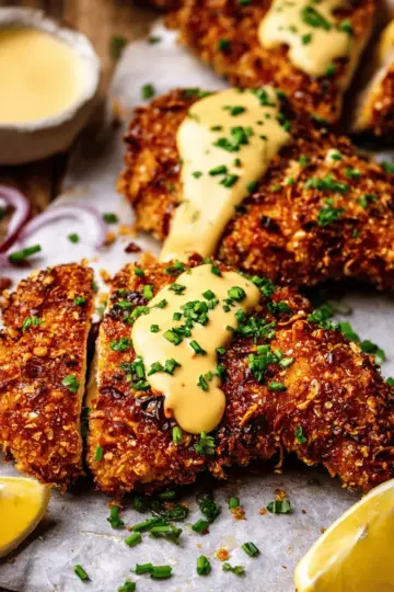 Pretzel Crusted Chicken with Cheddar-Mustard Sauce