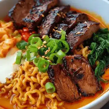 Spicy Korean Ramen with Grilled Beef & Creamy Sauce