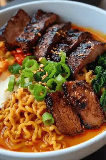 Spicy Korean Ramen with Grilled Beef & Creamy Sauce