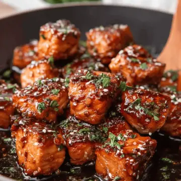 Crispy, Saucy Honey Garlic Salmon Bites in a Skillet