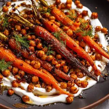 Spicy maple roast carrots with crispy chickpeas and yogurt sauce
