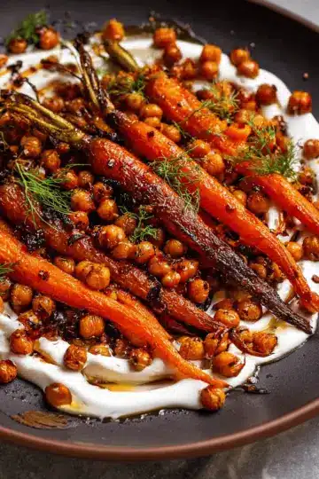Spicy maple roast carrots with crispy chickpeas and yogurt sauce