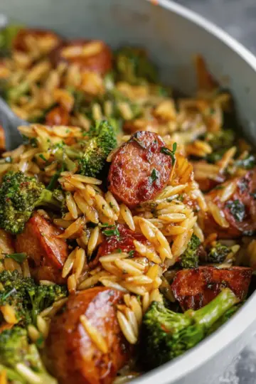 Chicken Sausage, Broccoli, and Orzo Skillet