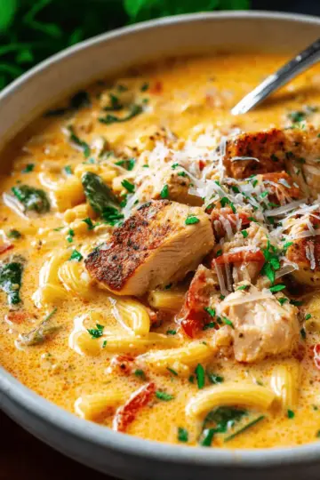 Creamy Parmesan Cajun Chicken Pasta Soup