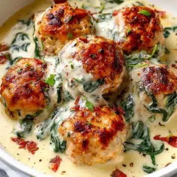 Baked Chicken Ricotta Meatballs with Spinach Alfredo Sauce