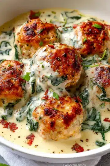 Baked Chicken Ricotta Meatballs with Spinach Alfredo Sauce
