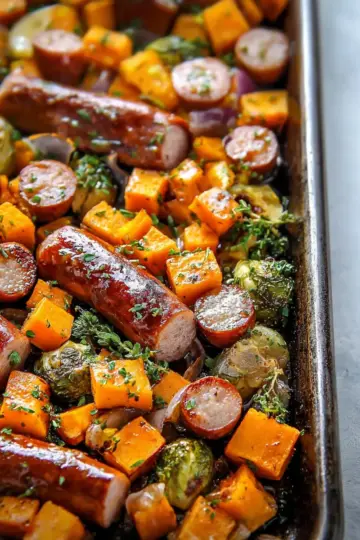 Sheet Pan Sausage and Sweet Potatoes with Honey Garlic Sauce