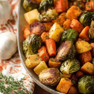 Herb Roasted Garlic Brussels Sprouts, Sweet Potatoes and Carrots