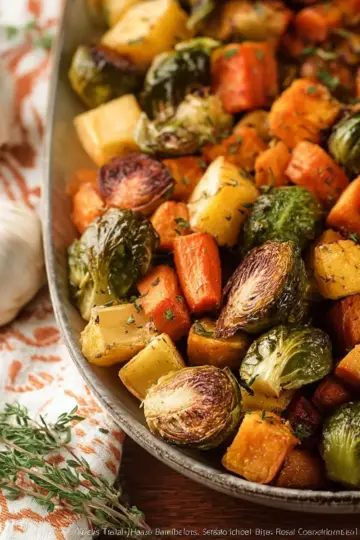 Herb Roasted Garlic Brussels Sprouts, Sweet Potatoes and Carrots